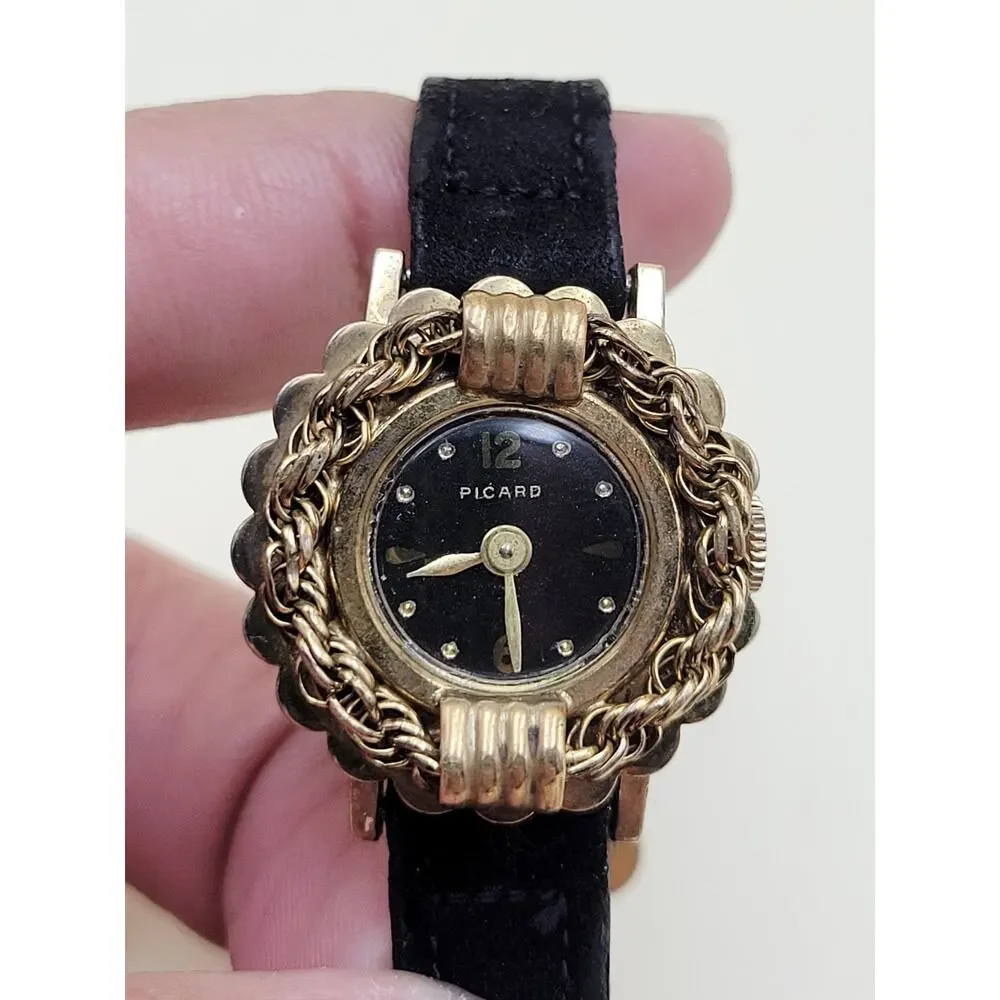 Vintage Picard Women’s Cocktail Watch Gold Tone Rope Bezel Scalloped Edge 1950